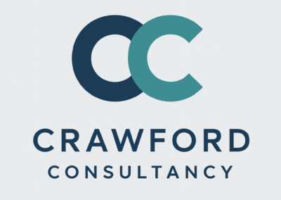Crawford Consultancy logo featuring navy and teal CC monogram